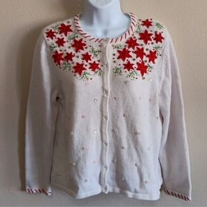 Poinsettia Holiday Cardigan Sweater Beaded Sequins Applique Christmas